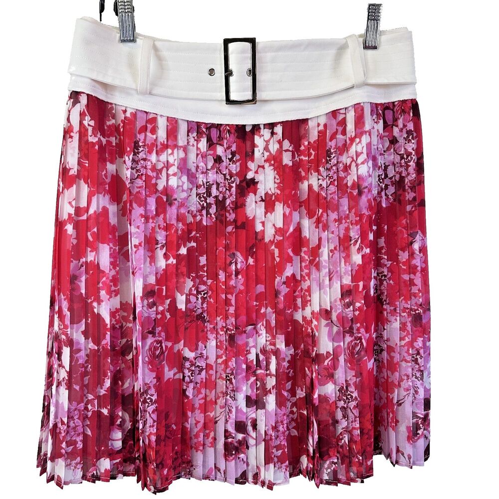Etcetera Pink Floral Pleated Fit & Flare Chiffon Knee Length Belted Skirt Sz 10